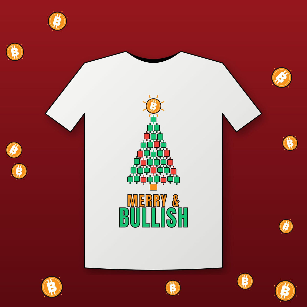Bitcoin Christmas Shirt, Merry and Bullish Crypto Tee, Candlestick Christmas Tree T-Shirt, Crypto Trader Gift, BTC Holiday Shirt