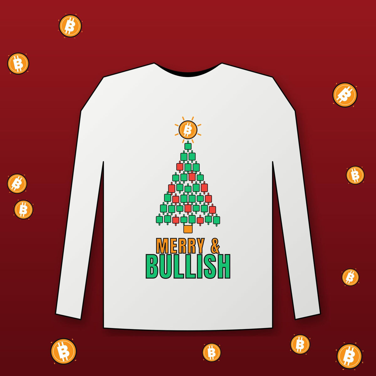 Bitcoin Christmas Long Sleeve Shirt, Merry and Bullish Crypto Tee, Candlestick Christmas Tree, Crypto Trader Gift, BTC Holiday Shirt