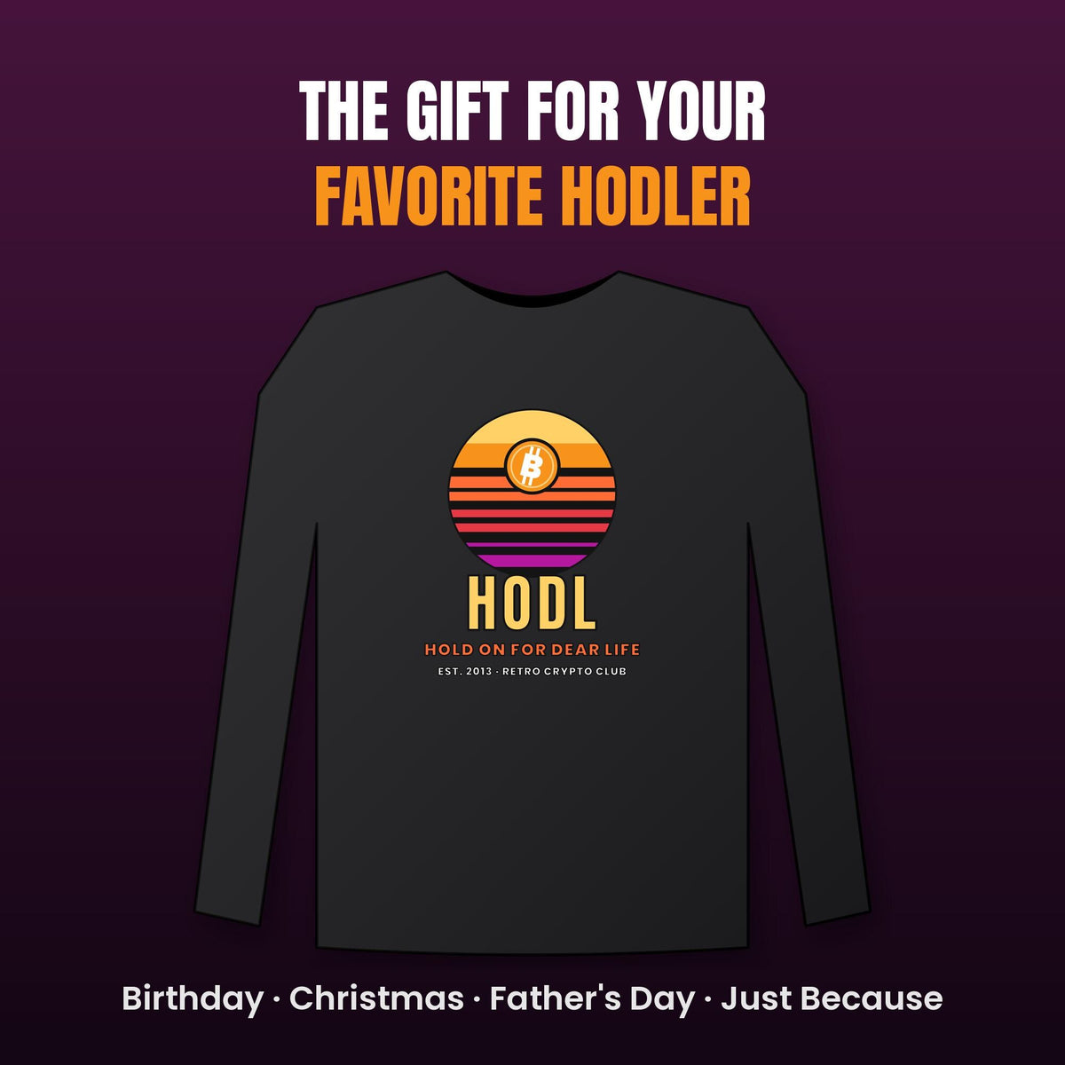 Retro Bitcoin Long Sleeve Shirt, Hodl Hold On For Dear Life, Vintage Sunset Crypto Tee, Crypto Investor Gift