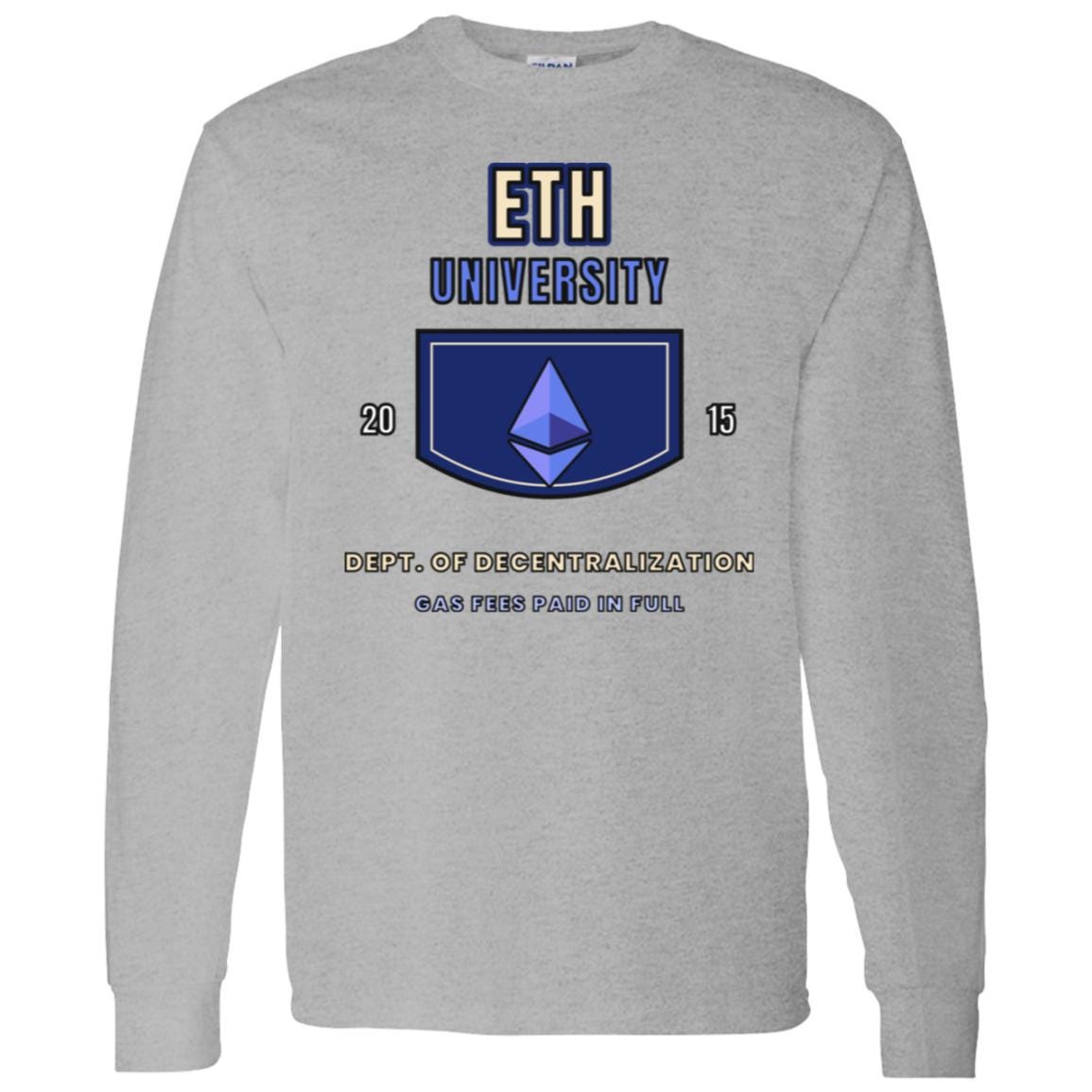 ETH University Long Sleeve Shirt, Ethereum Varsity Tee, Collegiate Crypto Shirt, Crypto Student Gift