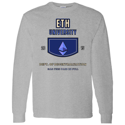 ETH University Long Sleeve Shirt, Ethereum Varsity Tee, Collegiate Crypto Shirt, Crypto Student Gift