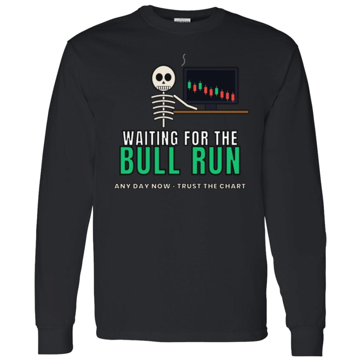 Waiting For The Bull Run Long Sleeve Shirt, Funny Skeleton Crypto Tee, Crypto Trader Shirt, Stock Market Gift