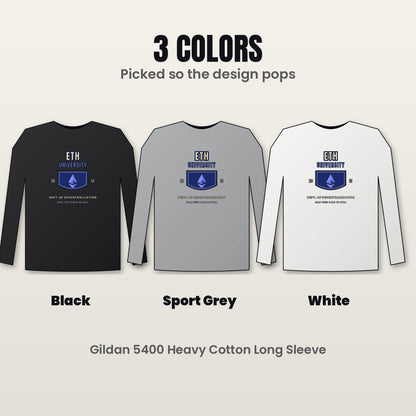 ETH University Long Sleeve Shirt, Ethereum Varsity Tee, Collegiate Crypto Shirt, Crypto Student Gift