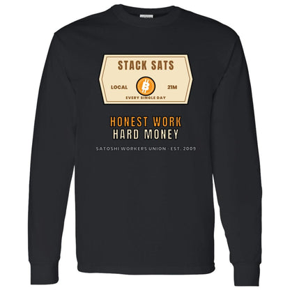 Stack Sats Long Sleeve Shirt, Bitcoin Workwear Tee, Vintage Badge Crypto Shirt, Bitcoin Gift For Men