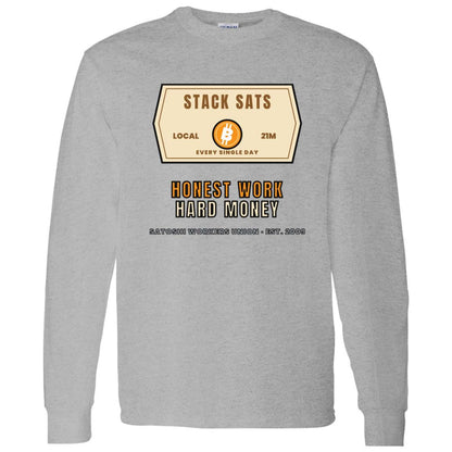 Stack Sats Long Sleeve Shirt, Bitcoin Workwear Tee, Vintage Badge Crypto Shirt, Bitcoin Gift For Men