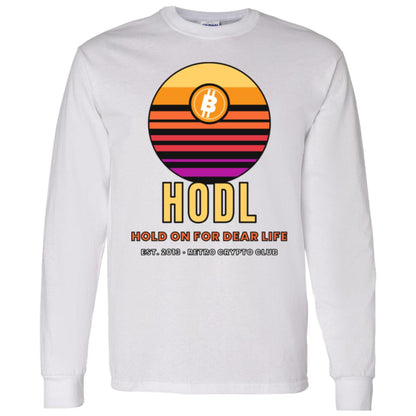Retro Bitcoin Long Sleeve Shirt, Hodl Hold On For Dear Life, Vintage Sunset Crypto Tee, Crypto Investor Gift