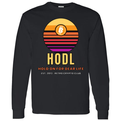 Retro Bitcoin Long Sleeve Shirt, Hodl Hold On For Dear Life, Vintage Sunset Crypto Tee, Crypto Investor Gift