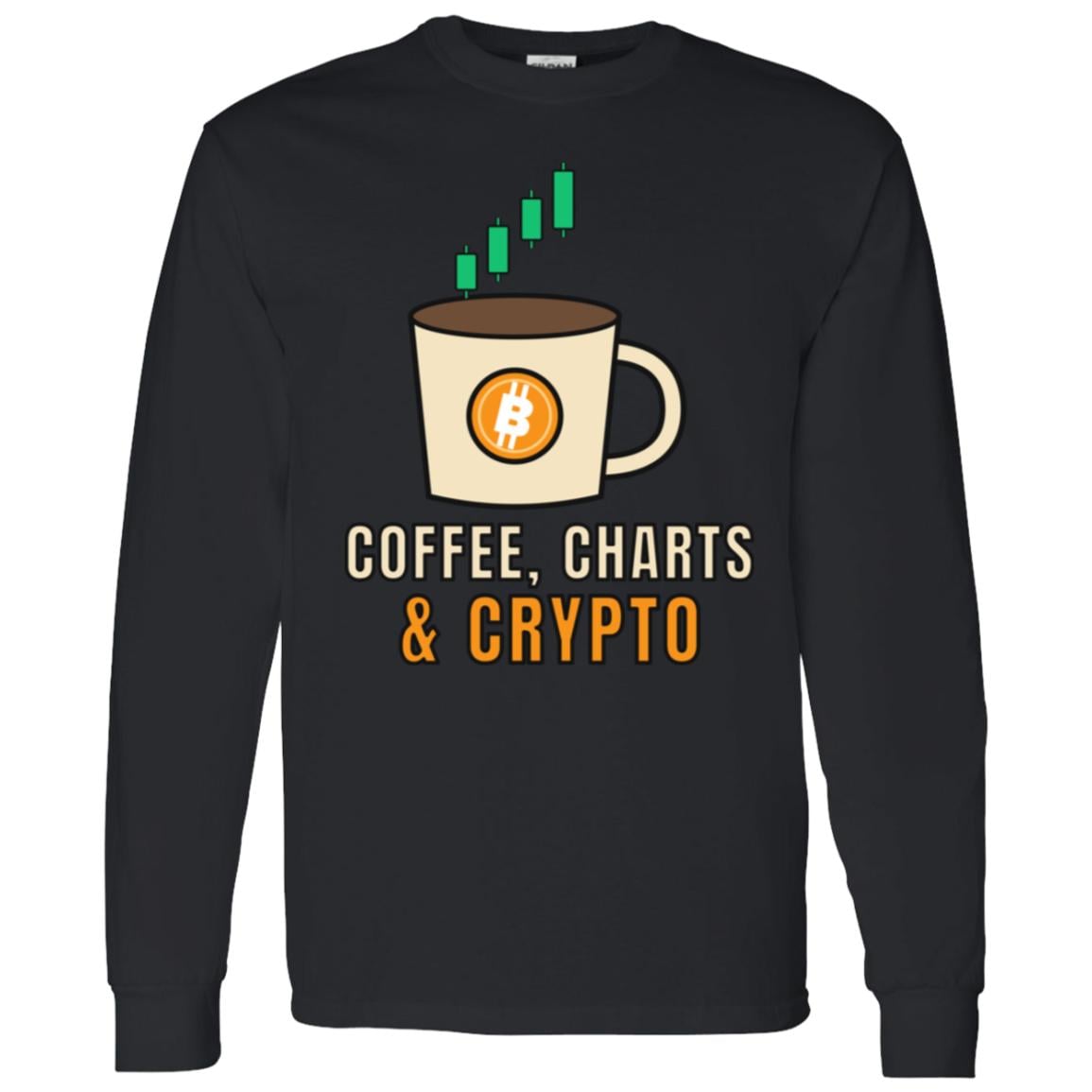 Coffee Charts and Crypto Long Sleeve Shirt, Funny Bitcoin Coffee Tee, Crypto Trader Gift, Coffee Lover Gift