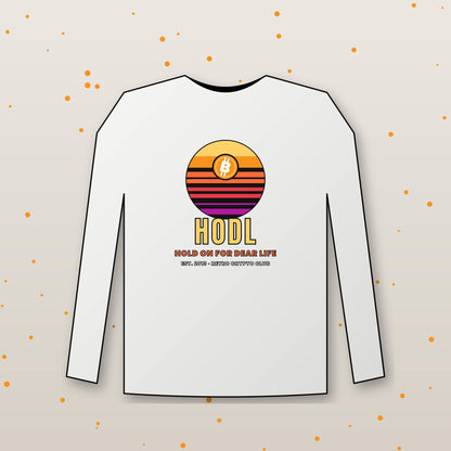 Retro Bitcoin Long Sleeve Shirt, Hodl Hold On For Dear Life, Vintage Sunset Crypto Tee, Crypto Investor Gift