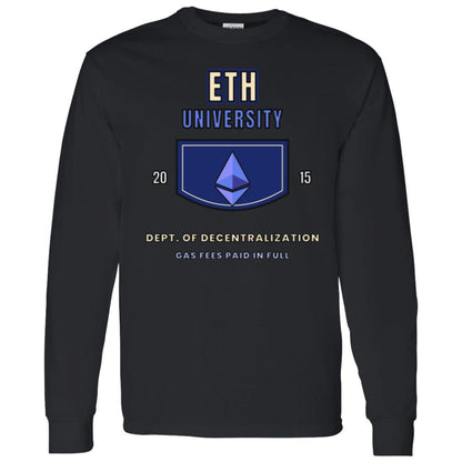 ETH University Long Sleeve Shirt, Ethereum Varsity Tee, Collegiate Crypto Shirt, Crypto Student Gift