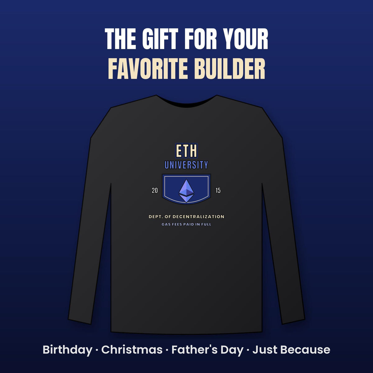 ETH University Long Sleeve Shirt, Ethereum Varsity Tee, Collegiate Crypto Shirt, Crypto Student Gift