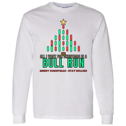 All I Want For Christmas Is A Bull Run Long Sleeve Shirt, Christmas Crypto Tee, Candlestick Tree Shirt