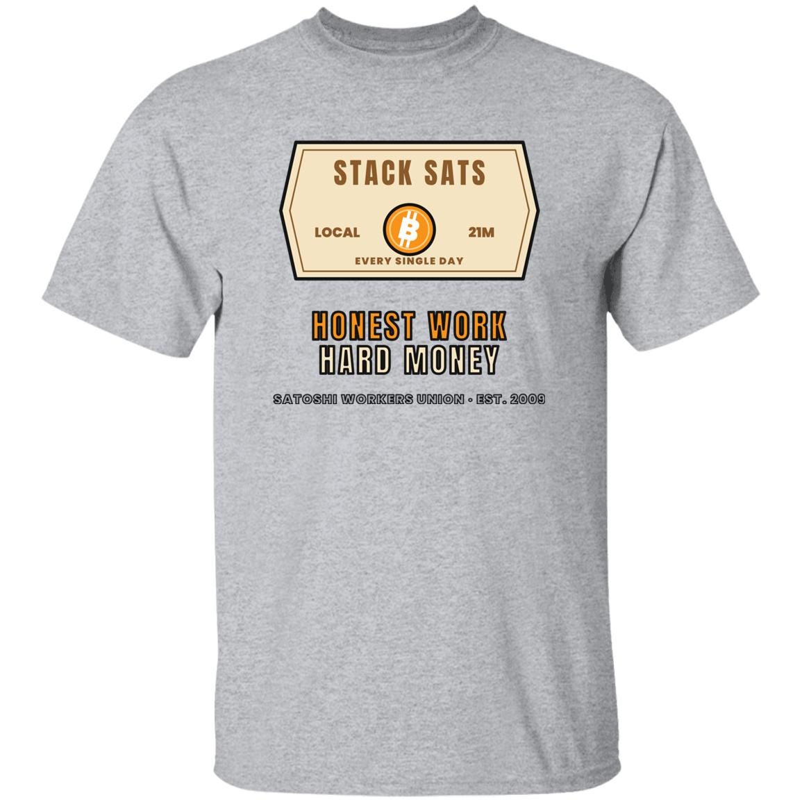 Stack Sats Shirt, Bitcoin Workwear T-Shirt, Vintage Badge Crypto Tee, Bitcoin Gift For Men, Hard Money Shirt