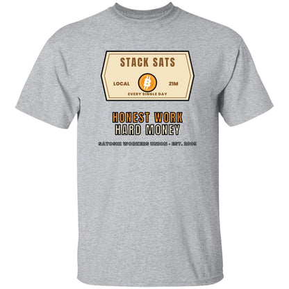 Stack Sats Shirt, Bitcoin Workwear T-Shirt, Vintage Badge Crypto Tee, Bitcoin Gift For Men, Hard Money Shirt