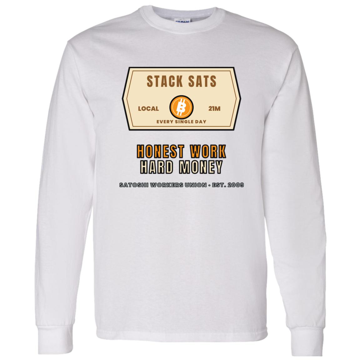 Stack Sats Long Sleeve Shirt, Bitcoin Workwear Tee, Vintage Badge Crypto Shirt, Bitcoin Gift For Men