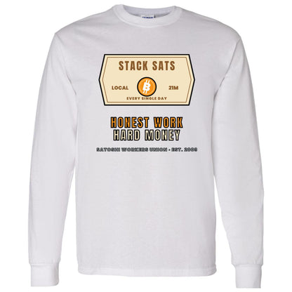 Stack Sats Long Sleeve Shirt, Bitcoin Workwear Tee, Vintage Badge Crypto Shirt, Bitcoin Gift For Men
