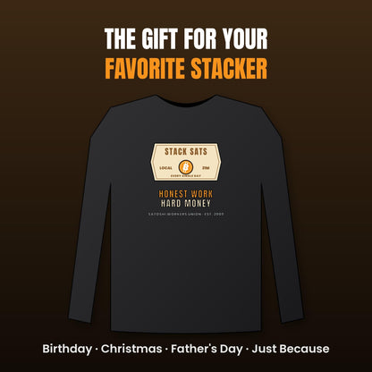Stack Sats Long Sleeve Shirt, Bitcoin Workwear Tee, Vintage Badge Crypto Shirt, Bitcoin Gift For Men